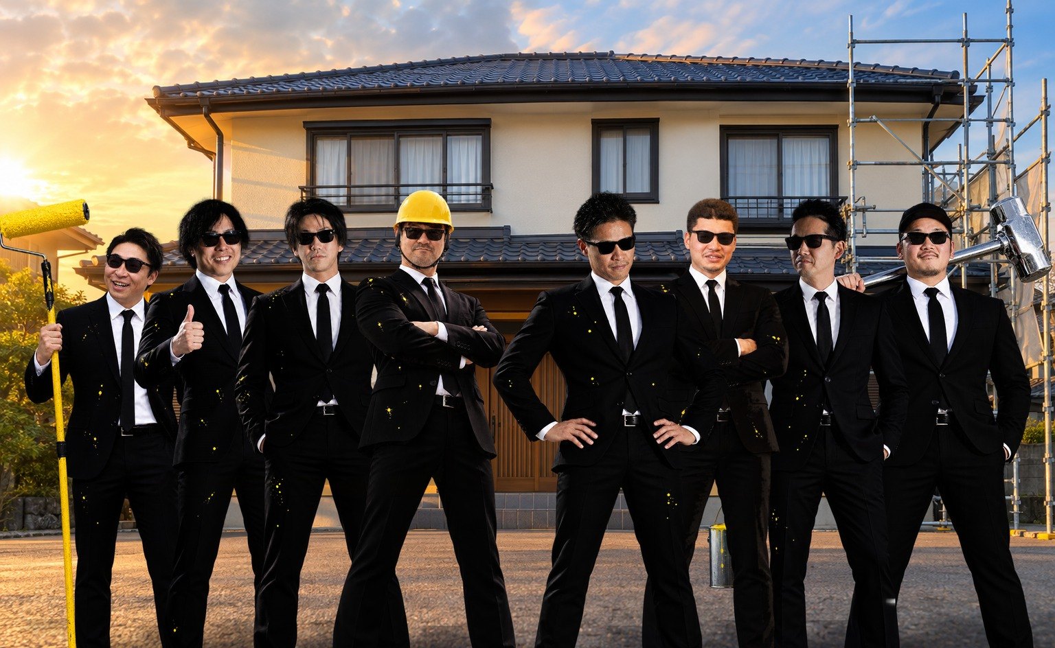 家の前に並ぶ黒スーツとサングラスの社員8人