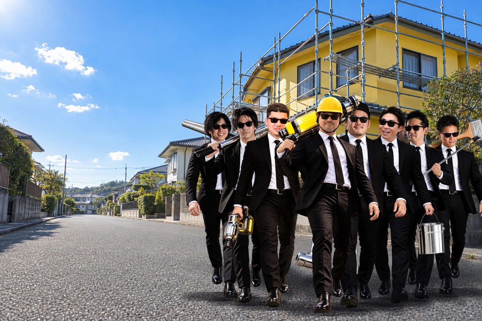黒スーツとサングラスの社員8人が、道具を担いで住宅街を歩いてくる集合写真